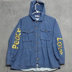 Denim Jacket Womens Medium Blue Hooded Peace Love Graphic Anorak Adubangwei